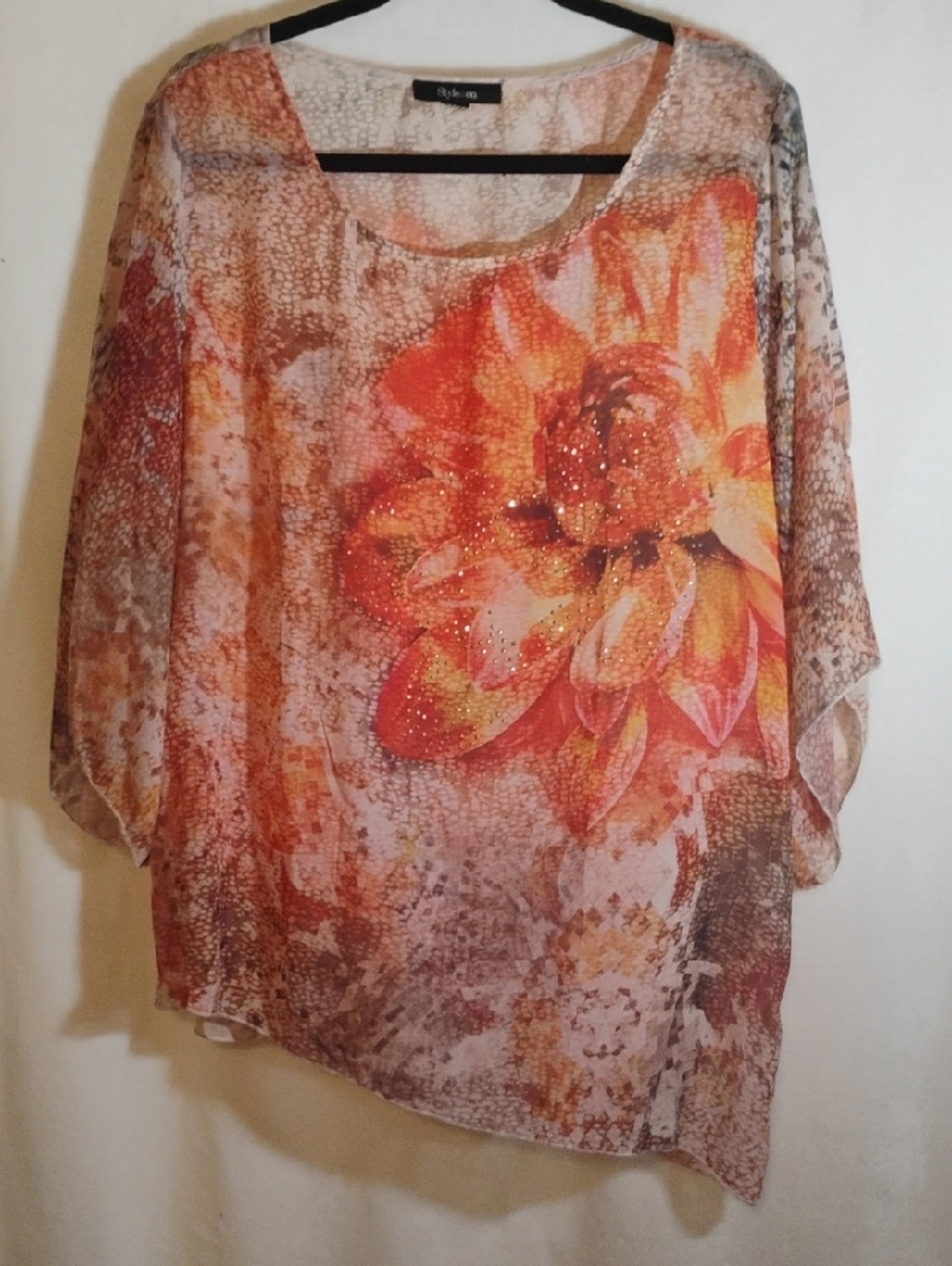 Style & Co. Orange Floral Sheer Blouse with Sparkle Accents